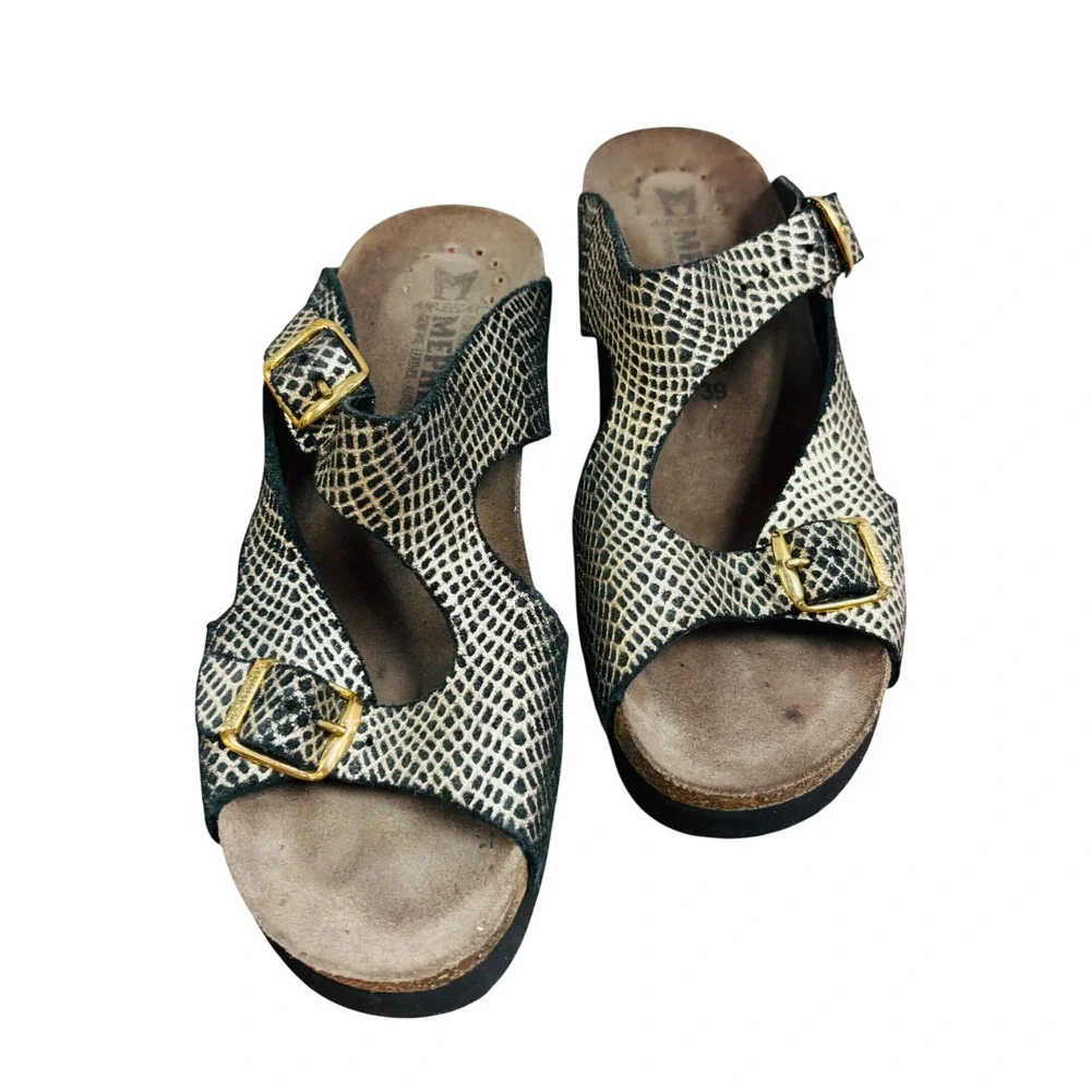 Mephisto Women Black Gold Snakeskin Leather Wedge Sandals Cork Footbed Size 39